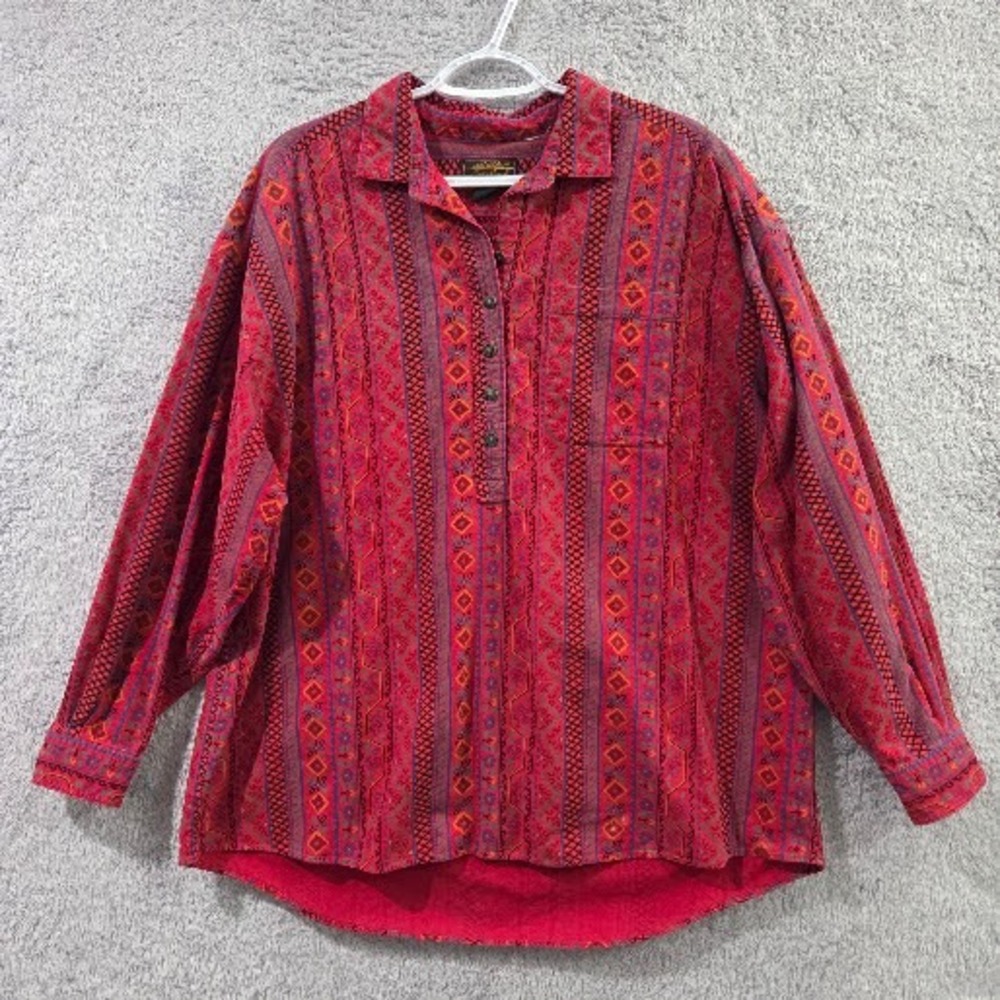Eddie Bauer Popover Shirt Women's XL Red Southwestern Vintage Cotton Outdoor